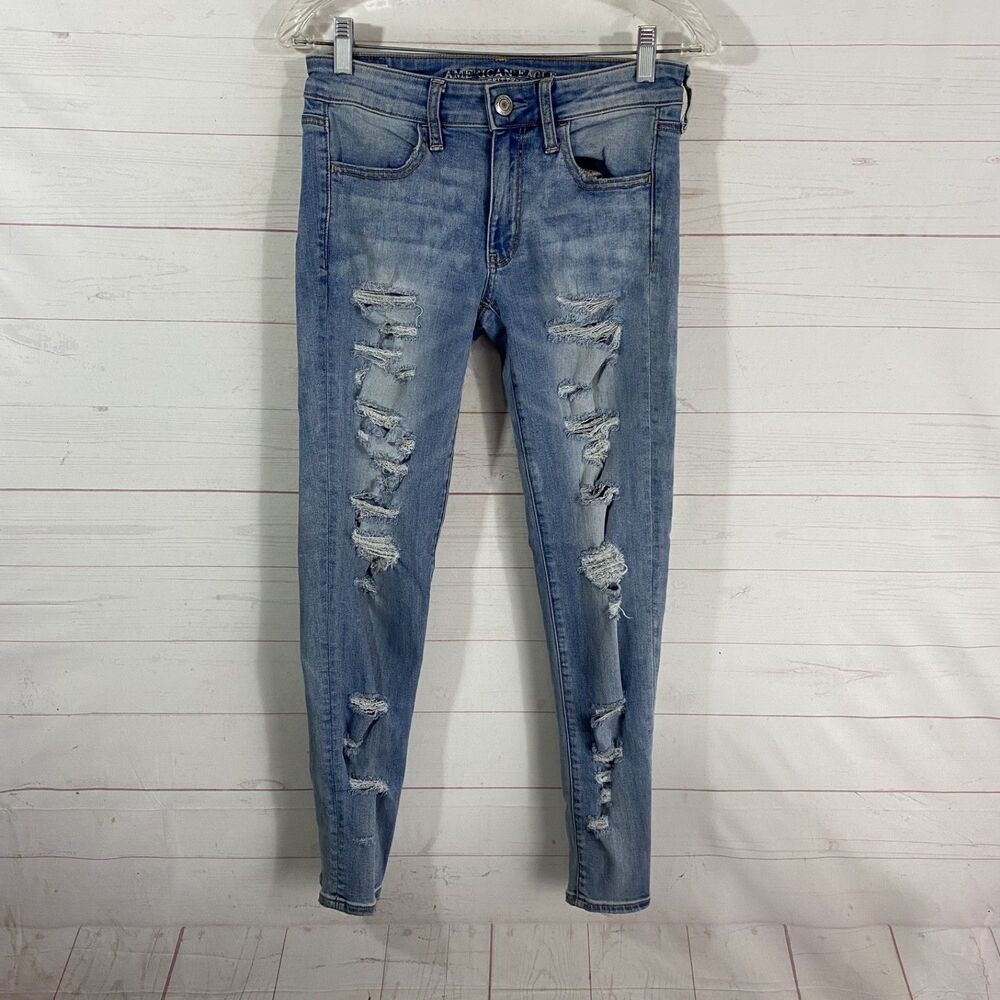 American Eagle Womens Distressed Legging Jeans Sz 6 Blue Stretch Pockets